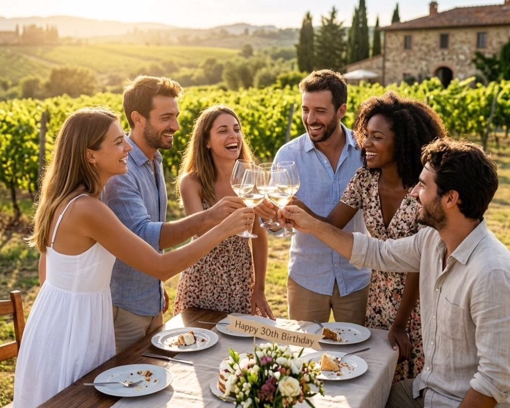 A joyful group of friends smiling and toasting with white wine during an outdoor milestone birthday celebration at a beautiful sunlit estate.