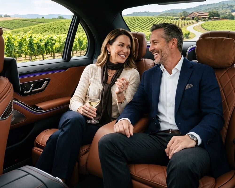 A couple relaxing comfortably in the back seat of their vehicle while enjoying views of Sonoma wine country.