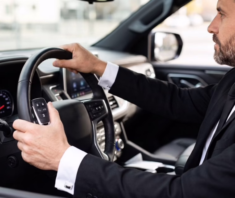 A close-up interior photograph taken inside a rental SUV, where a professional chauffeur holds the car keys while firmly gripping the steering wheel.