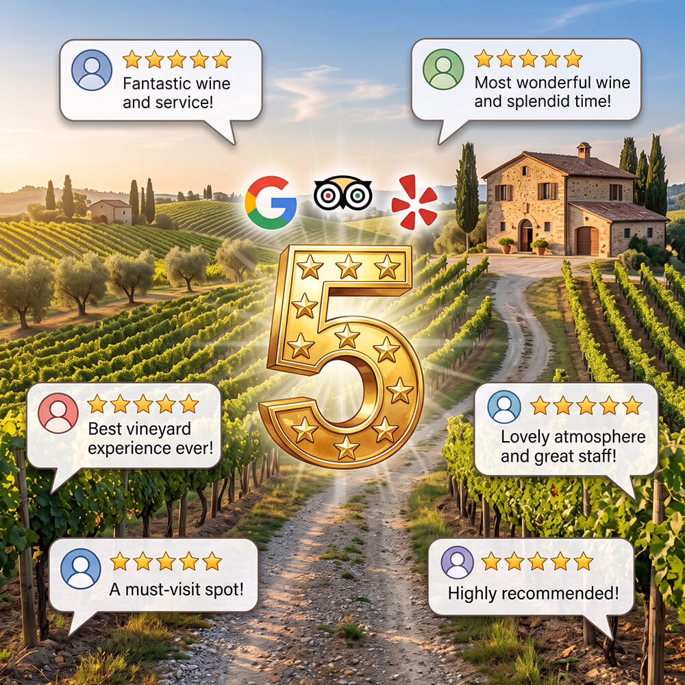 A large gold number '5' with stars is surrounded by review platform icons and multiple stylized text bubbles featuring positive customer feedback, set against a soft, integrated vineyard background.